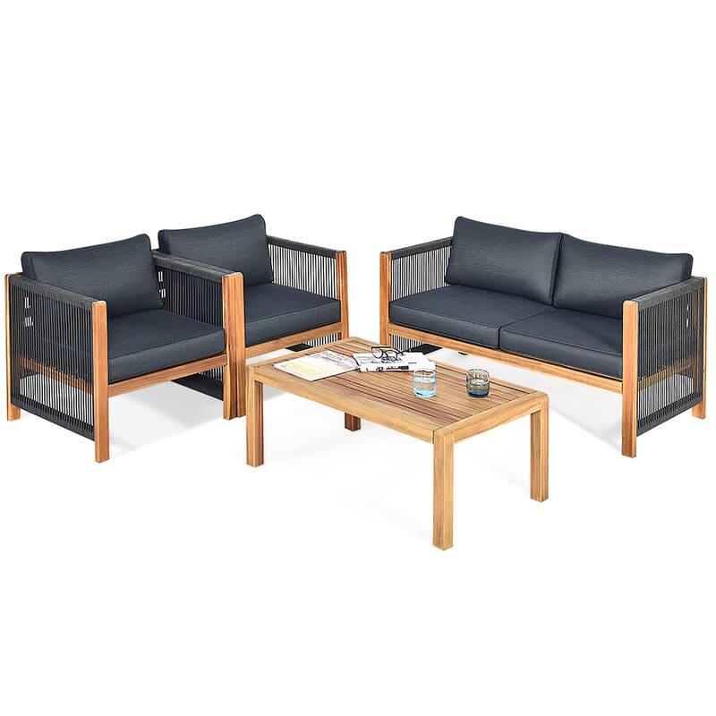 Costway 4PCS Wooden Patio Furniture Set Cushioned Sofa W/Rope Armrest - 4-Piece Sets
