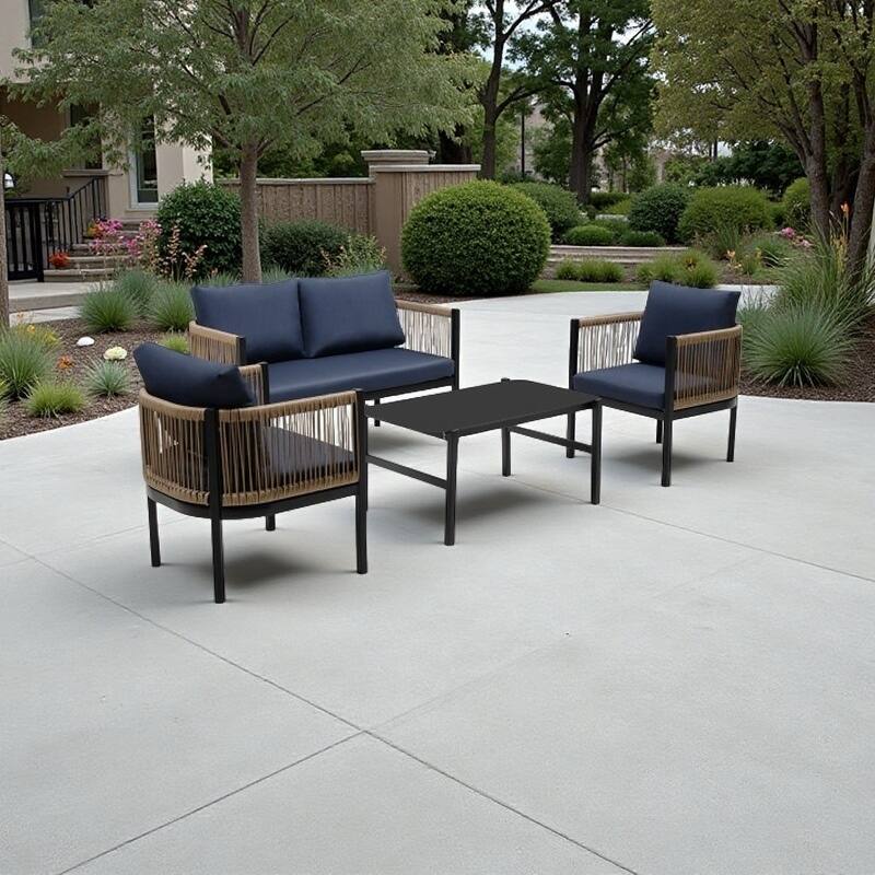 4-Piece Modular Outdoor Patio Sofa Set with Tempered Glass Coffee Table, PE Wicker and Iron Frame Seating - Dark Blue