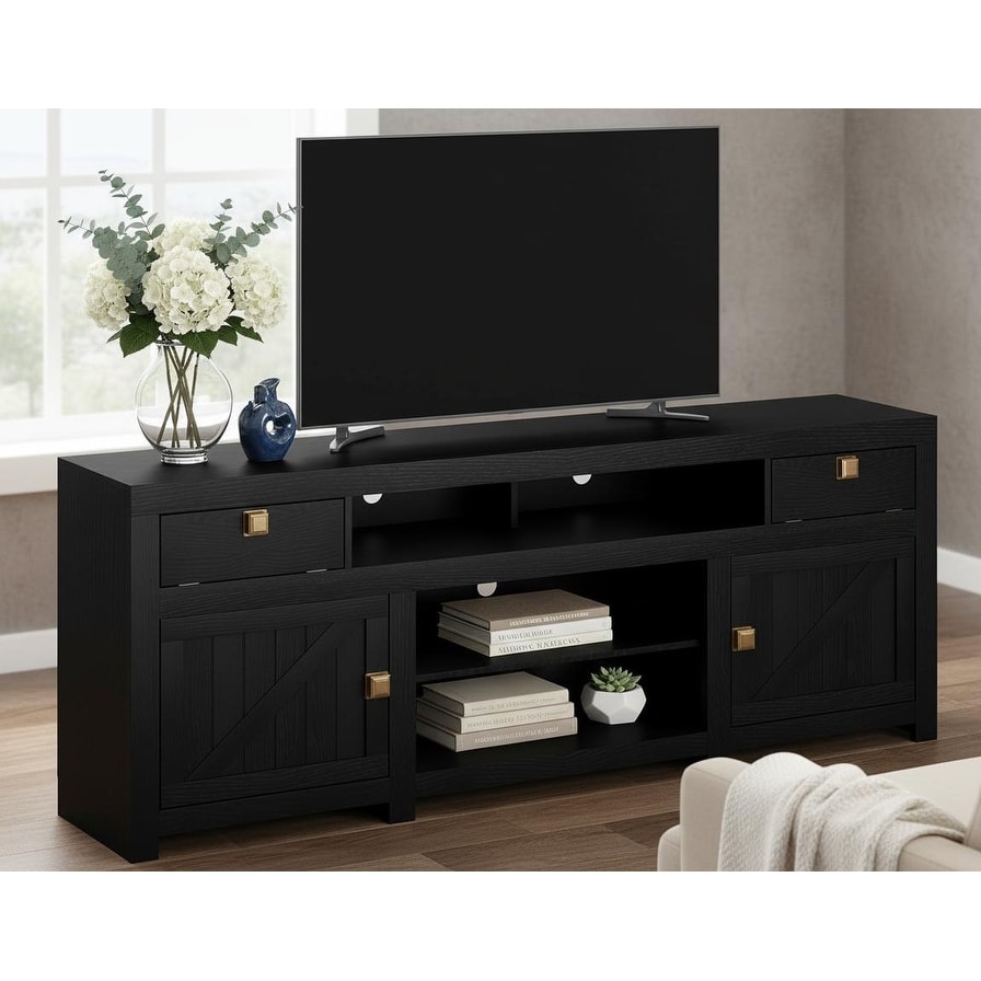 Farmhouse TV Stand, with 4 Storage Drawers & 3 Open Shelf