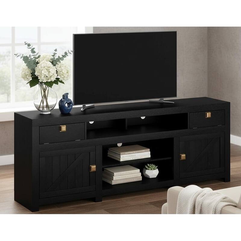 Farmhouse TV Stand, with 4 Storage Drawers & 3 Open Shelf - Black
