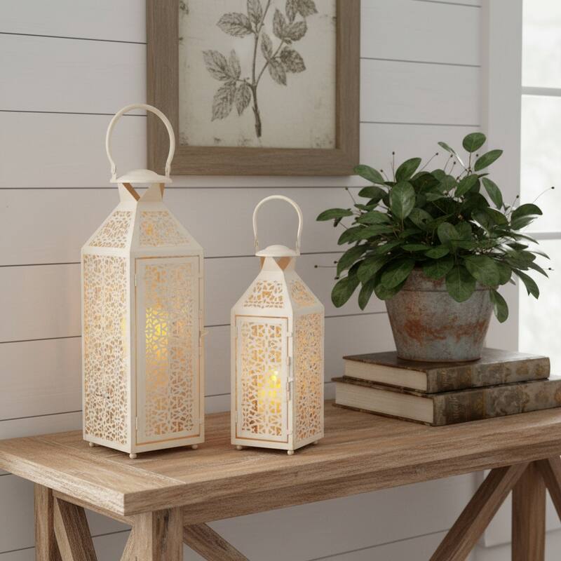 Set of Two White Filigree Metal Tabletop Lantern Candle Holders - White
