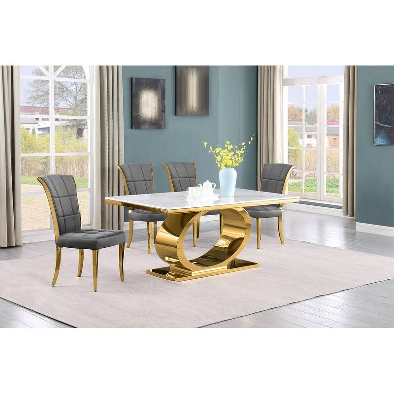 Best Quality Furniture D430/1-SC320-7 Dining Set with 68" White Marble Top - 5-Piece - Dark Grey / Gold