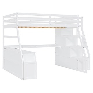 Full Size Loft Bed with Desk, 7 Drawers and 2 Shelves, White