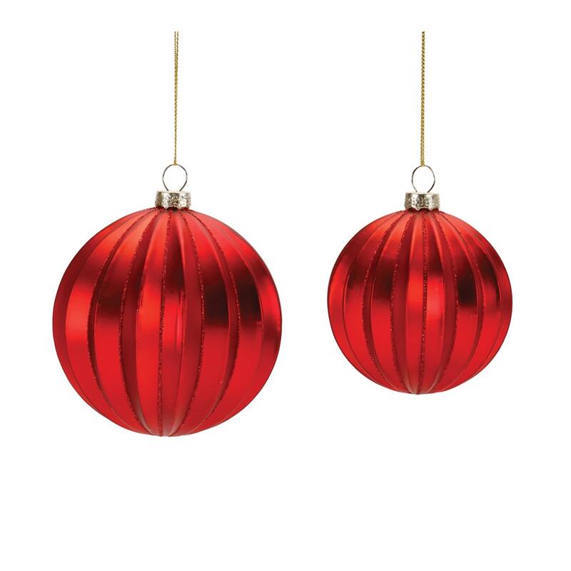 Glittered Ribbed Glass Christmas Ball Ornaments - 4" (100mm) - Red - 6ct