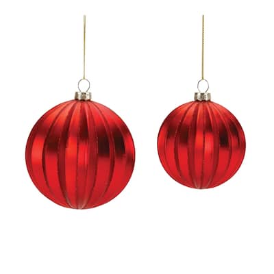 Glittered Ribbed Glass Christmas Ball Ornaments - 4" (100mm) - Red - 6ct