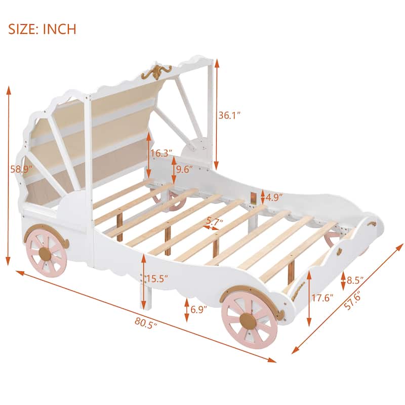 Full Princess Carriage Bed Frame w/ 3D Carving Pattern, White+Pink ...