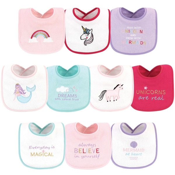 slide 1 of 1, Luvable Friends Baby Girl Cotton Drooler Bibs with Fiber Filling 10pk, Unicorns And Mermaids, One Size One Size - Unicorns And Mermaids