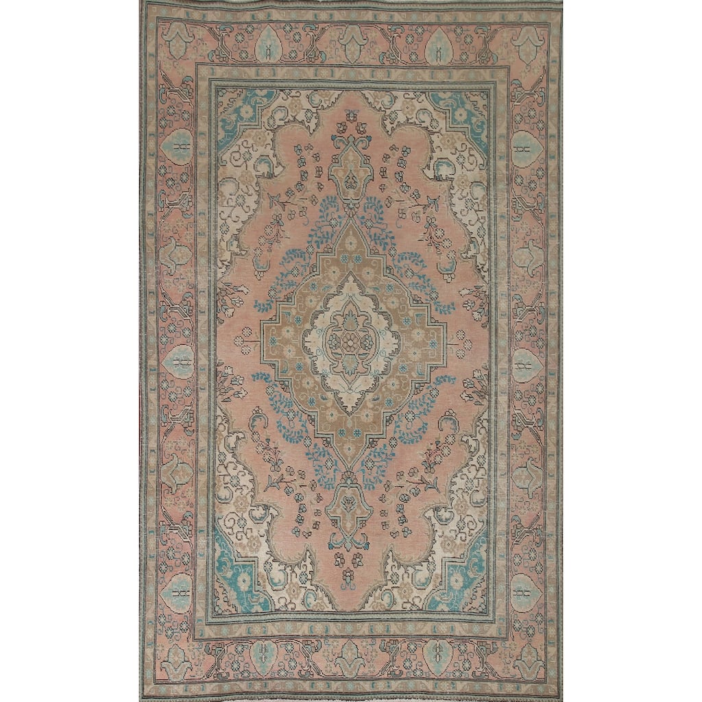 Distressed Pink Tabriz Persian Vintage Area Rug Handmade Wool Carpet - 6'2" x 9'5"