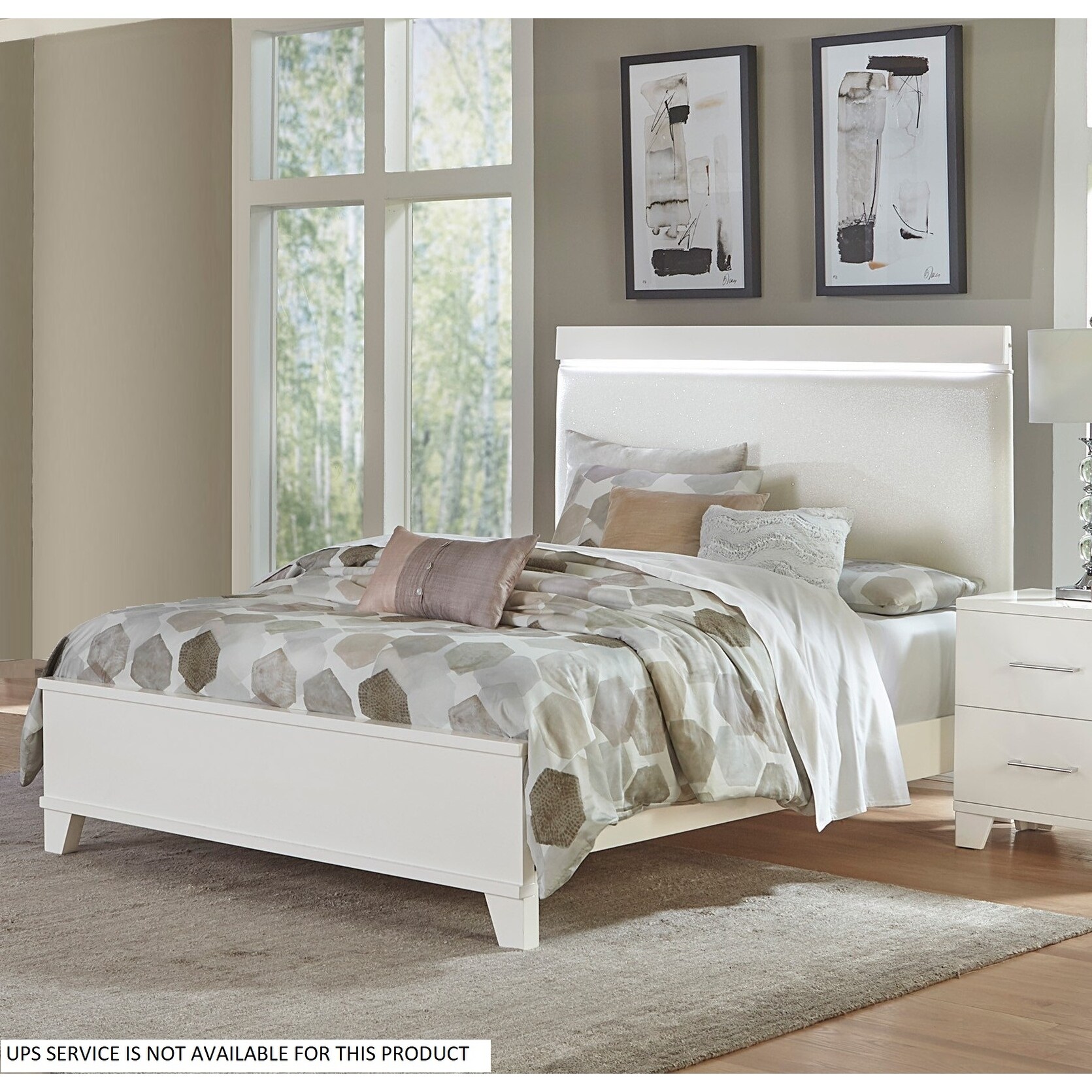 White Upholstered Wooden Furniture High Gloss Finish Modern Queen Bed 1pc LED Light Headboard Faux Leather