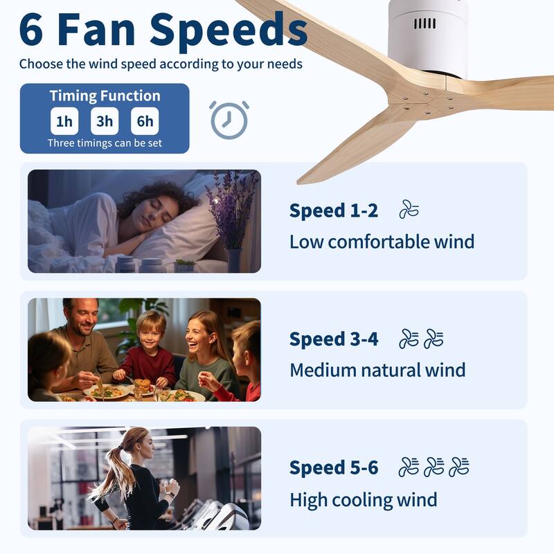 52"Mordern Rustic Elegance Solid Wood Blades Low Profile Flush Mount Ceiling Fan without Light