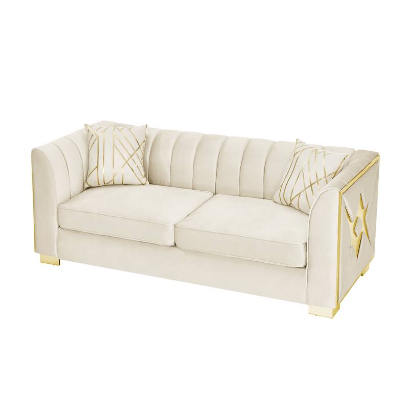 Velvet Chesterfield 3 Seater Sofa, Button Tufted Upholstered Sofa, Lounge Sofa with Stainless Steel Accents & Metal Legs