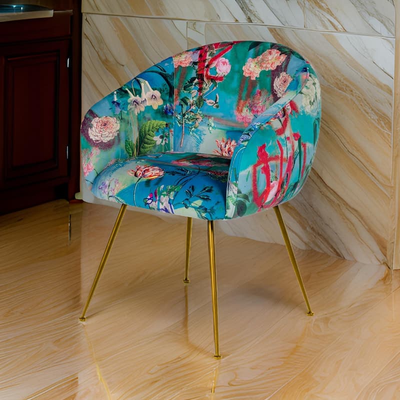 25 Inch Dining Chair, Floral Design, Gold Legs, Blue Velvet Upholstery