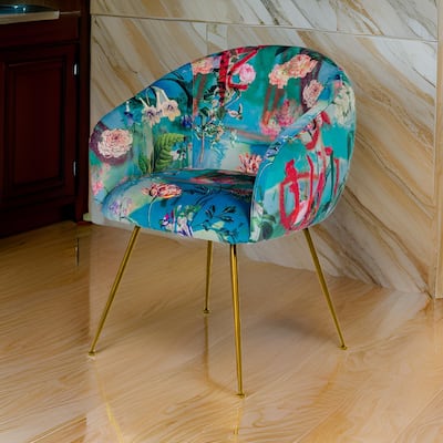 25 Inch Dining Chair, Floral Design, Gold Legs, Blue Velvet Upholstery