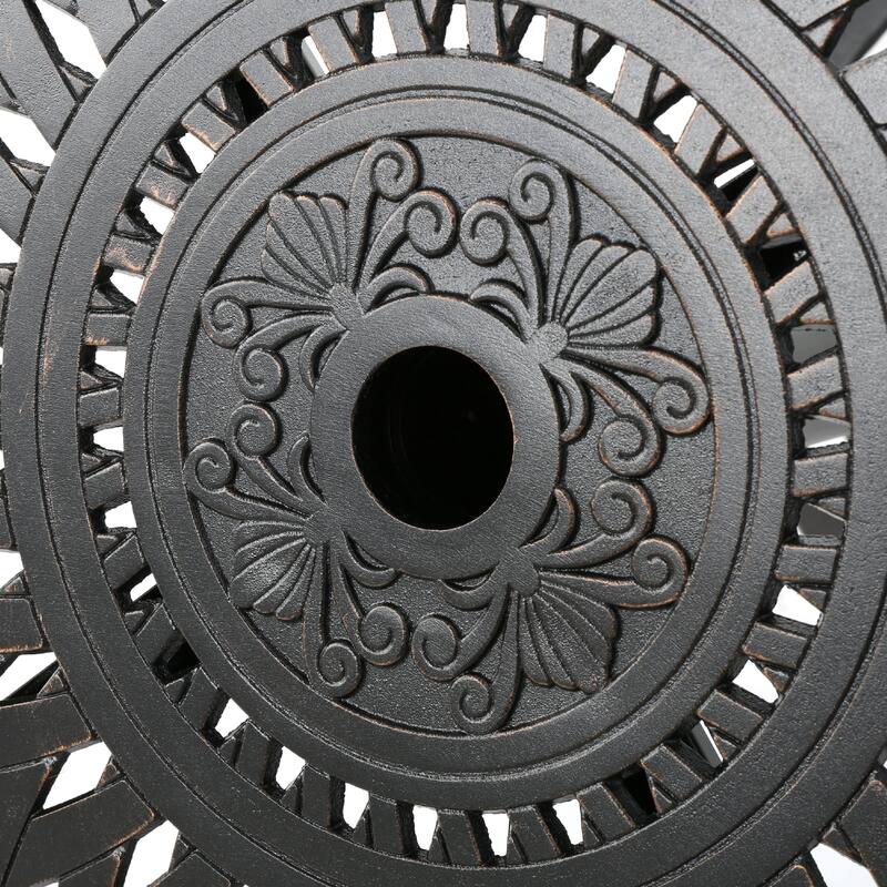 Outdoor Bar Table, 35 Inch Round Carved Top, Antique Bronze Aluminum