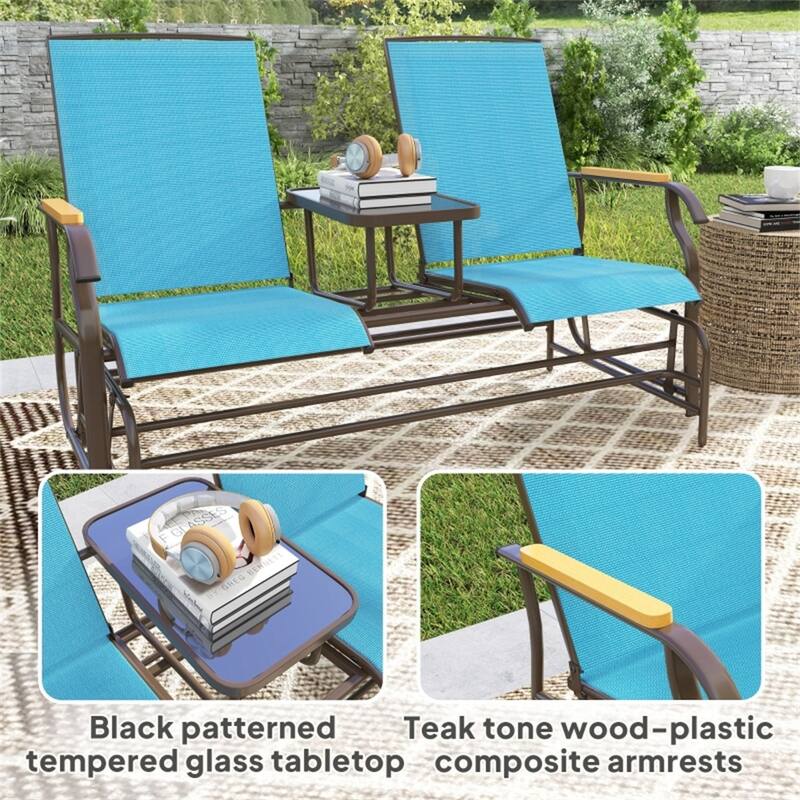Steel Mesh Loveseat Rocking Glider Chair with Table - 57.75" W x 32.25" D x 38.5" H