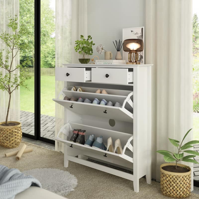 White Shoe Storage Cabinet Flip Drawer Shoe Rack Storage Organizer - 35"Wx41.1"H