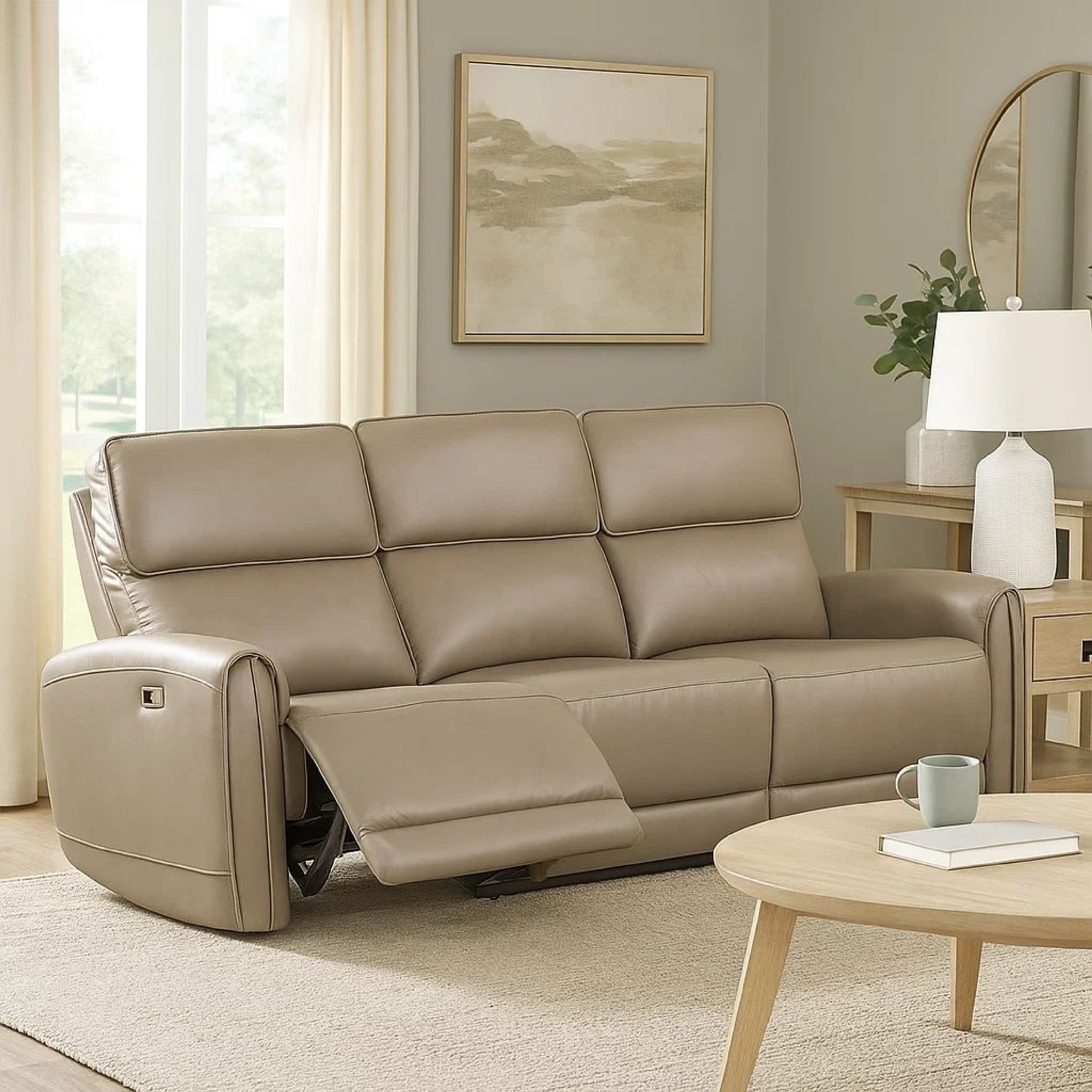 Sily Power Reclining Sofa, Beige Faux Leather, 81 Inch, USB Ports