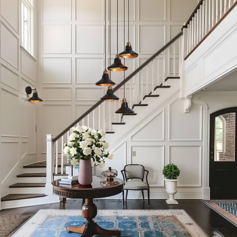 Modern Farmhouse 5-Light Black Brass Metal Chandelier with Bowl-Shaped Pendant Lights for Kitchen Dining Room - 20" D x 7" H