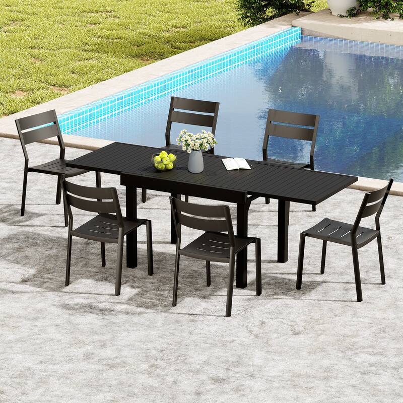5/7/11-piece Set Outdoor Aluminum Extendable Patio Dining Table with Stackable Chairs