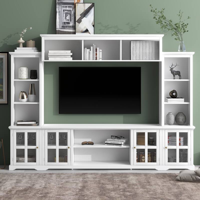 Large Entertainment Wall Unit Set with Open Storage, Wood TV Stand for TV Up to 70", Large Media Console with Cabinet