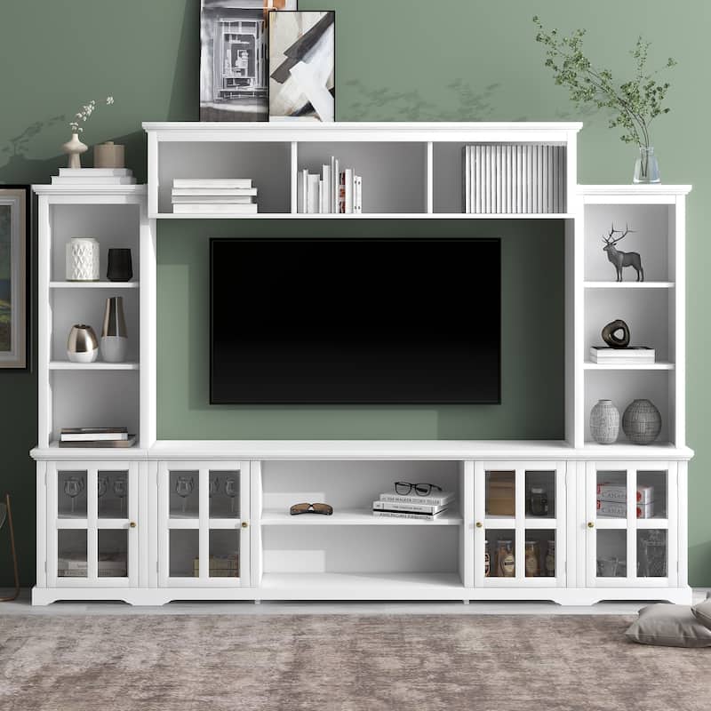 White Entertainment Wall Unit with Bridge, Tempered Glass Doors for TVs Up to 70"