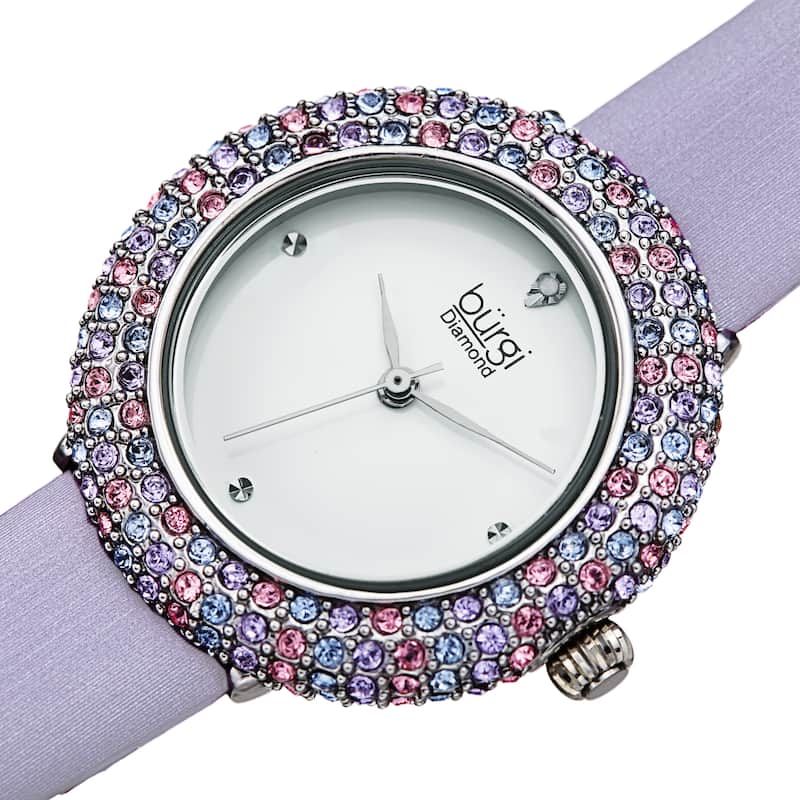 Burgi Ladies Vibrant Colorful Swarovski Crystal Diamond Satin Leather Strap Watch - Pastel Purple