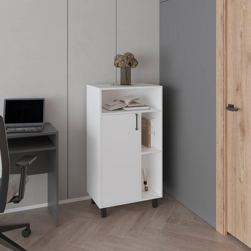 Base Cabinet, Compact Organizer,With One Door,Open Shelves And Top Display Space,White - White