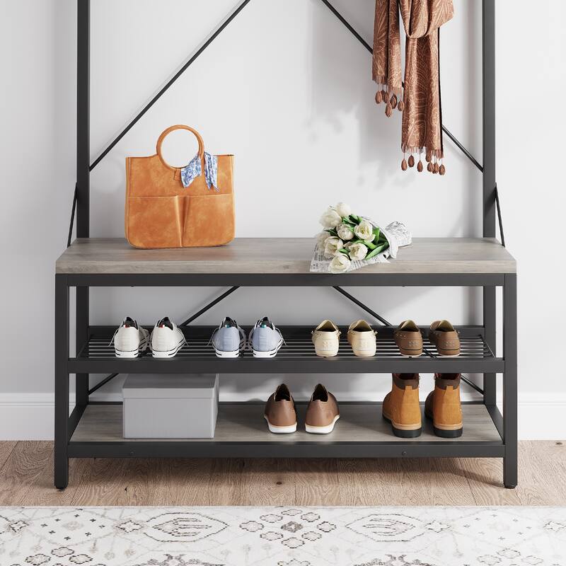 4-in-1 Entryway Bench with Coat Rack with 8 Hooks and 3-Tier Storage Shelf
