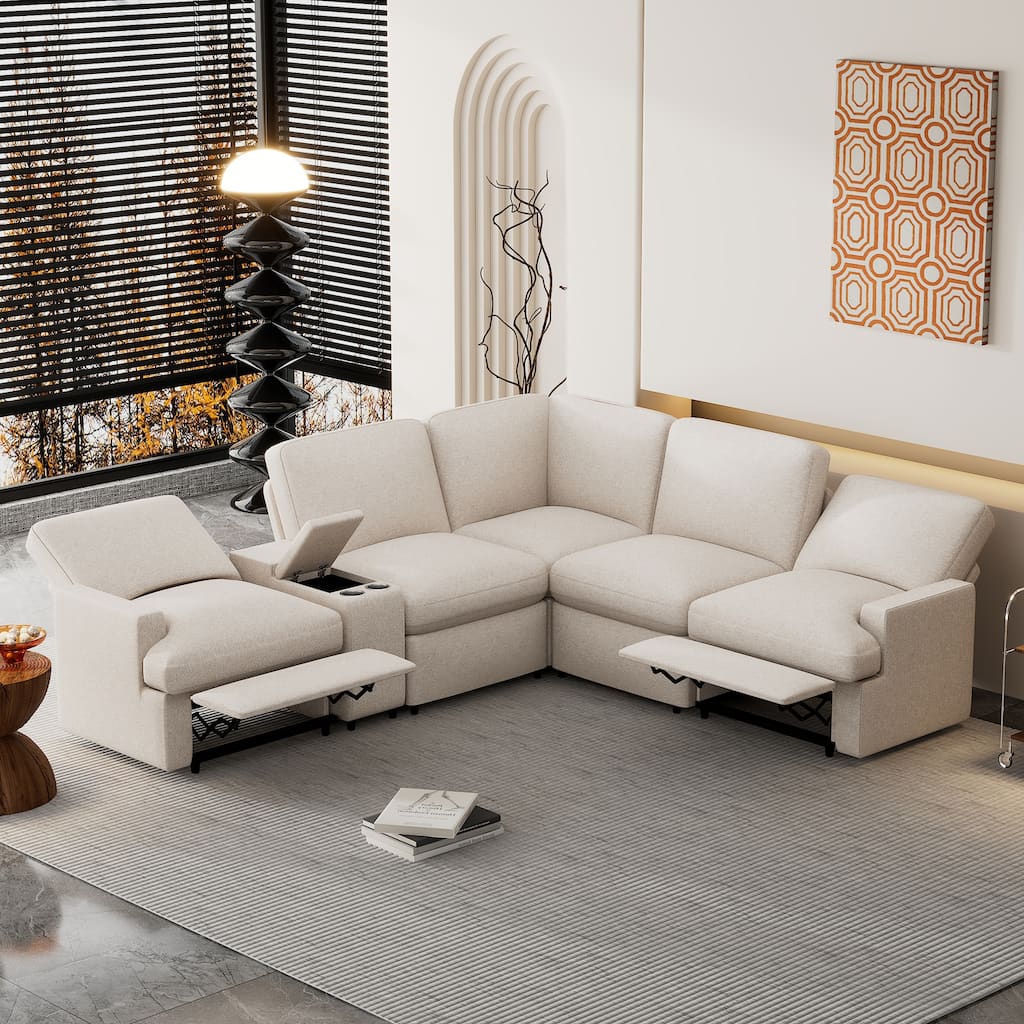 Roomfitters Power Recliner Corner Sofa with Storage Box, Cup Holders, USB Ports, and Power Socket, Perfect for Home Theater