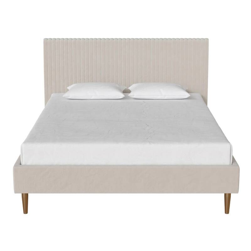 Off-White Ivory Cream Upholstered Platform Bed Frame with Headboard