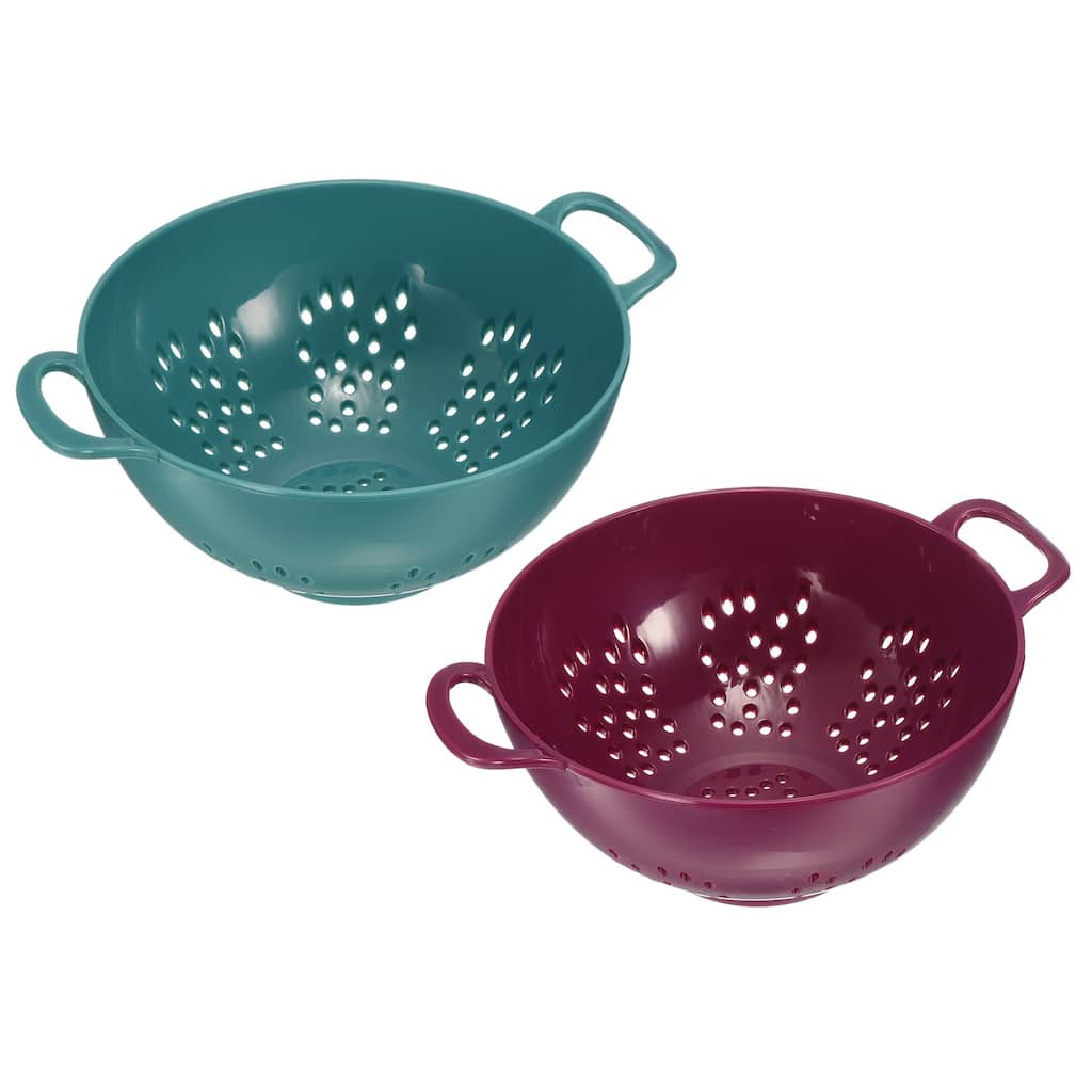 Kitchen Colander with Handle 2Pcs, Rice Washing Strainer Fruit Drainer - Army Green+Purple - 19cm x 14.8cm x 7.5cm