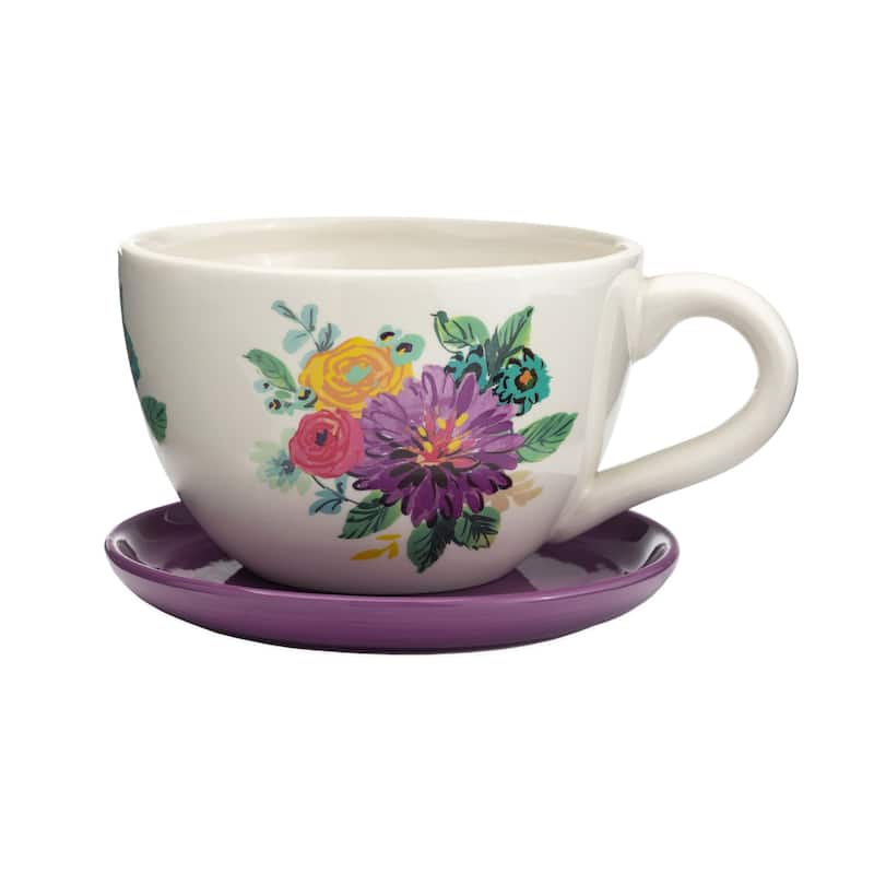 Floral Purple Ceramic Tea Cup Indoor/Outdoor Planter with Saucer