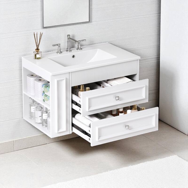 30" Wall Mounted Bathroom Vanity with Ceramic Sink and 2 Drawers, Modern Floating Storage Cabinet