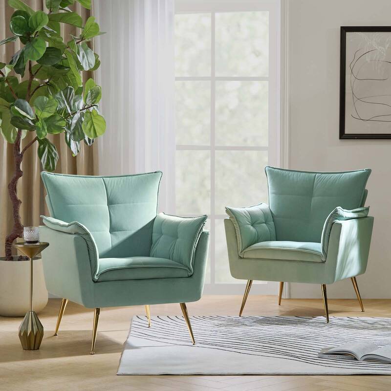 1ida Modern Velvet Tufted Accent Armchair with Gold Metal Legs Set of 2 by HULALA HOME - SAGE