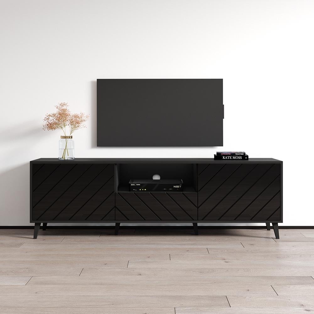 Meble Furniture Paris Modern 71" High Gloss TV Stand with Geometric Front Design, Angled Legs, 22"H x for up to 80" TVs