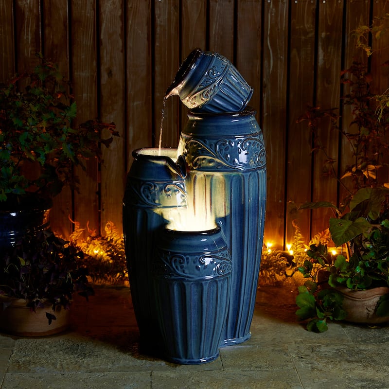 Glitzhome 27"H/35"H 4-Tier Embossed Pattern LED Ceramic Pots Fountain