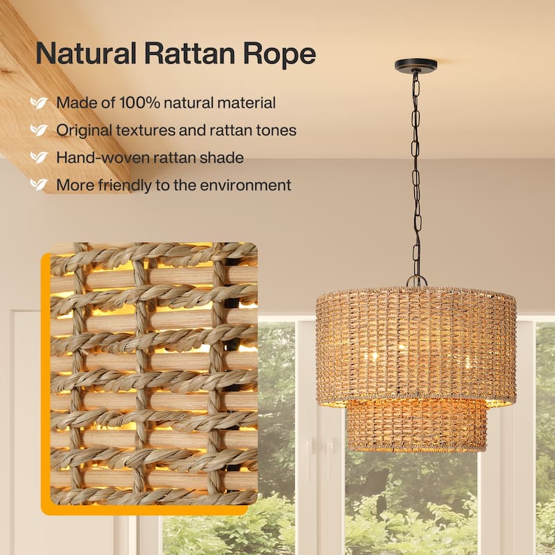 3-Light Hand-Woven Rattan Pendant Light with Adjustable Height
