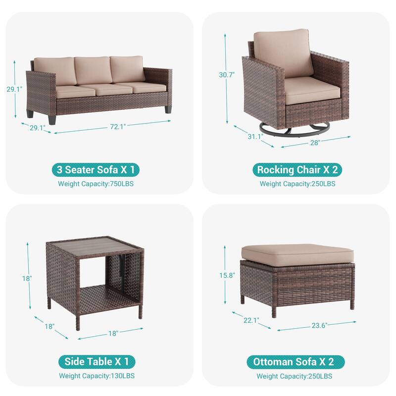 BONOSUKI 6Pcs Patio Swivel Rocking Sofa Set Brown Rattan w/Side Table