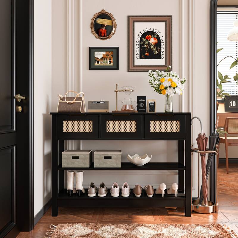 43.3" Sofa/Console Table - with 3 Top Drawers and 2 Open Shelves, Farmhouse Style
