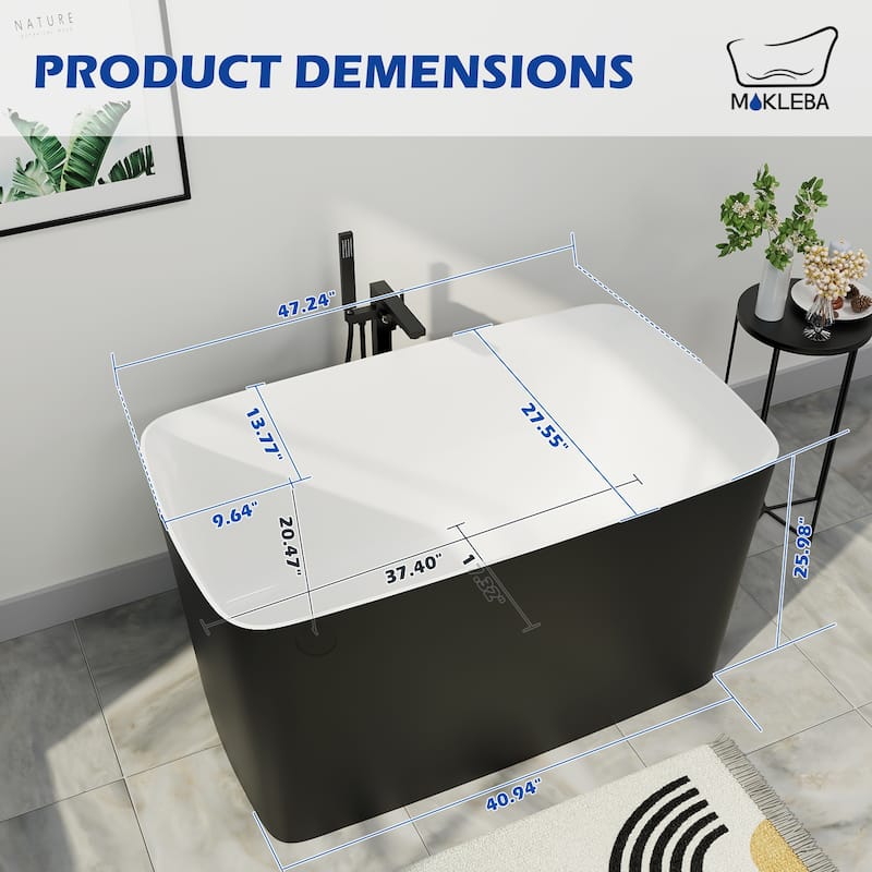 47 in.L x 27.55 in.W Japanese Soaking Acrylic Freestanding Flatbottom Bathtub Reversible Drain