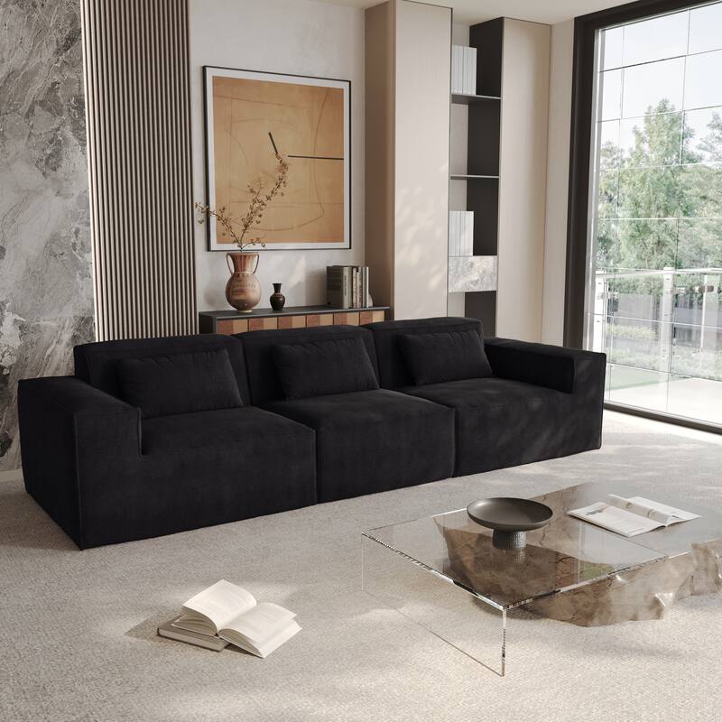 118" Modular Sofa Sectional Couch with Movable Fabric Cover & 3 Pillows, Comfy 3-Seater Corduroy Fabric Couch