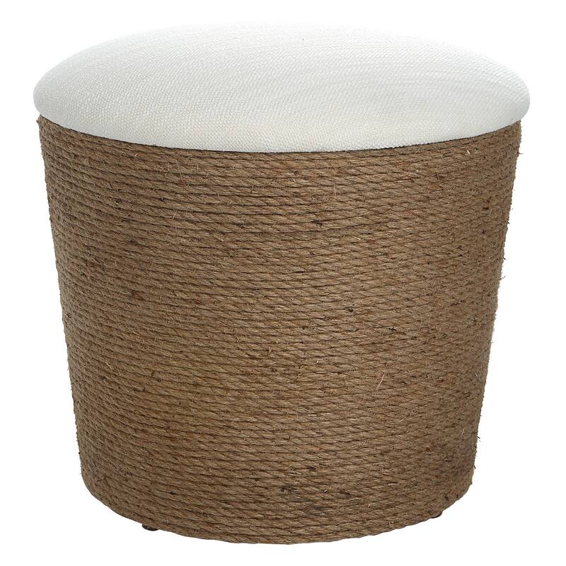 18 Inch Classic Storage Accent Ottoman, Rope Wrapped Base, Off White, Brown