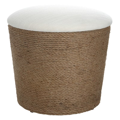 18 Inch Classic Storage Accent Ottoman, Rope Wrapped Base, Off White, Brown