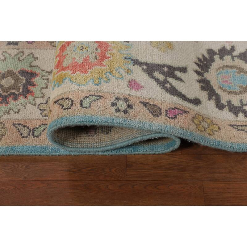 Light Blue Floral Oushak Oriental Area Rug Hand-Knotted Wool Carpet - 8'11"x 11'9"