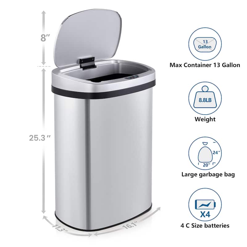 Innovaze 13 Gal./50 Liter Stainless Steel Oval Motion Sensor Trash Can for Kitchen