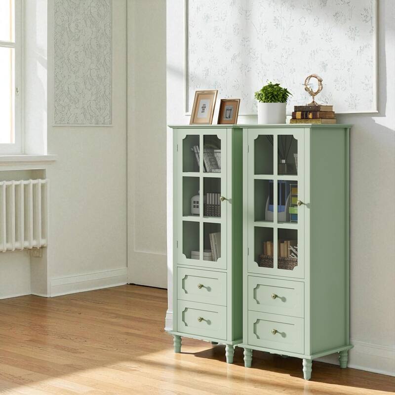 Modern Buffet Cabinet with Glass Doors and Double Drawer, Wooden Sideboard Storage Cupboard for Dining Room Entryway Hallway.