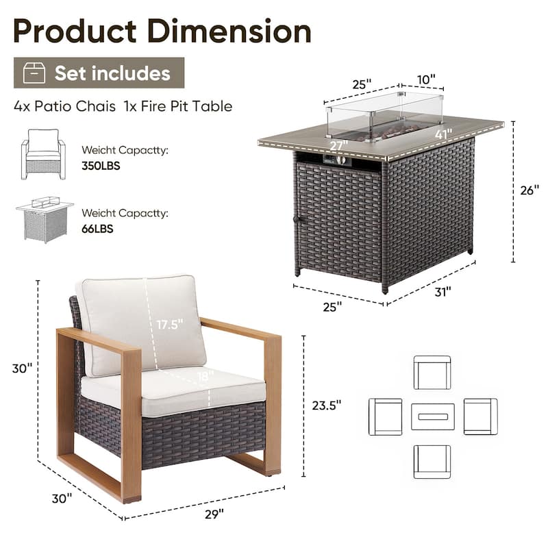 Pocassy 5 Pieces Outdoor Patio Chair with Fire Pit Table Set