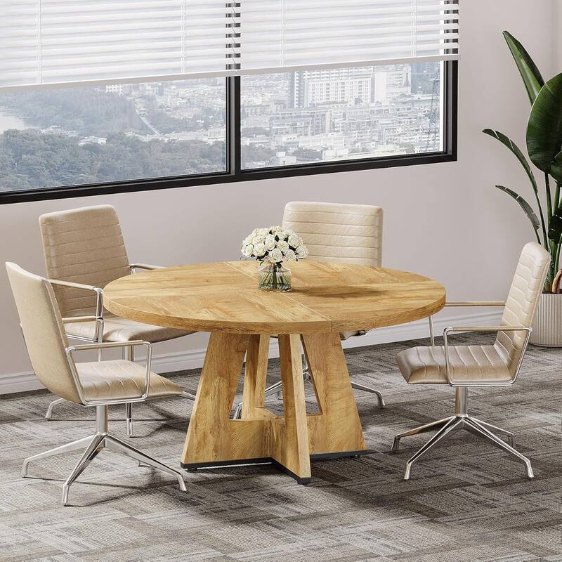 47" Round Conference Table Meeting Room Table with Thickened Top Wood Base Modern Training Desk for Conference/Seminar Room