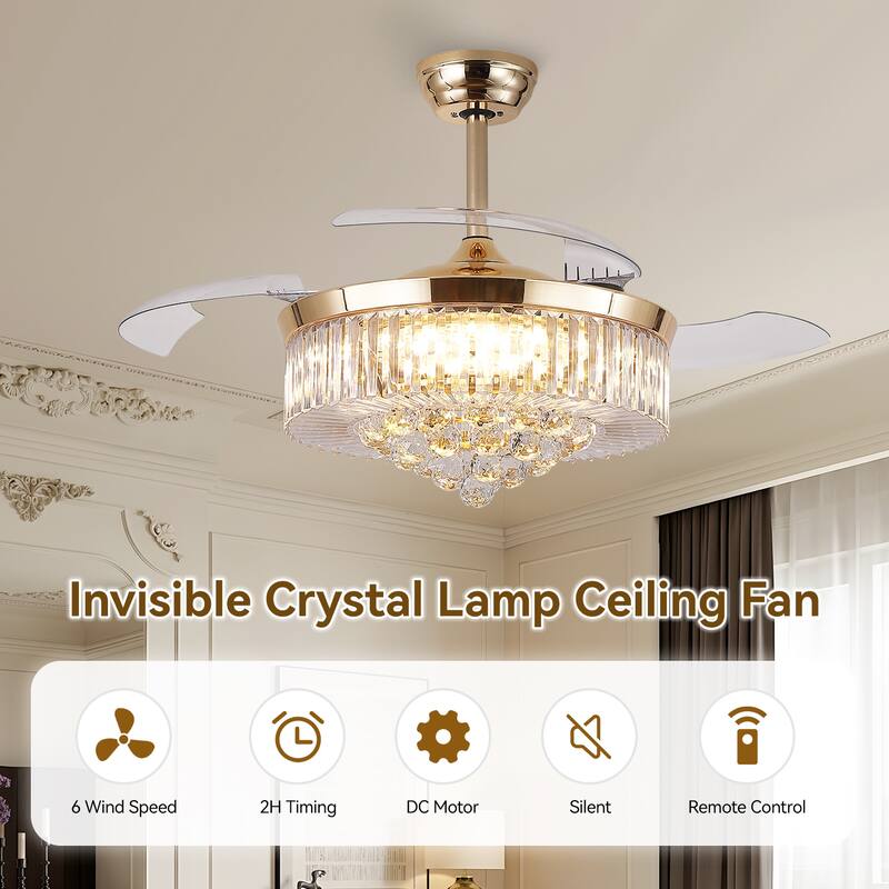 Kviflon 48'' Retractable Ceiling Fan with Lights and Remote 6 Speed, 3 Light Change Retractable Blade Chandelier Ceiling Fan