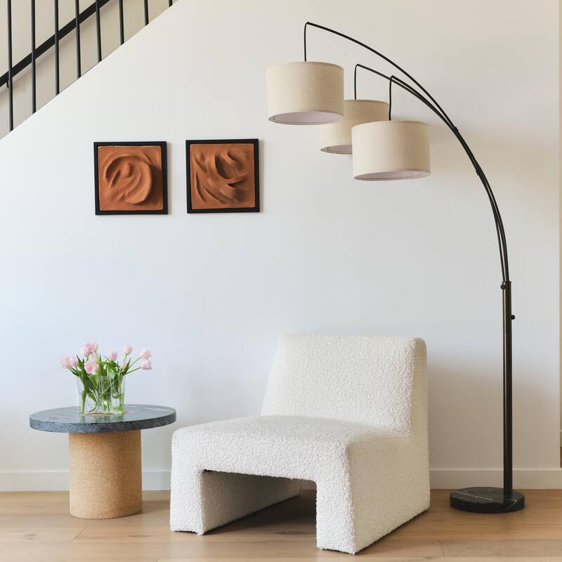 Brightech Trilage 84 in. Oil Brushed Bronze Mid-Century Modern 3-Light Adjustable LED Floor Lamp with 3 Beige Fabric Drum Shades